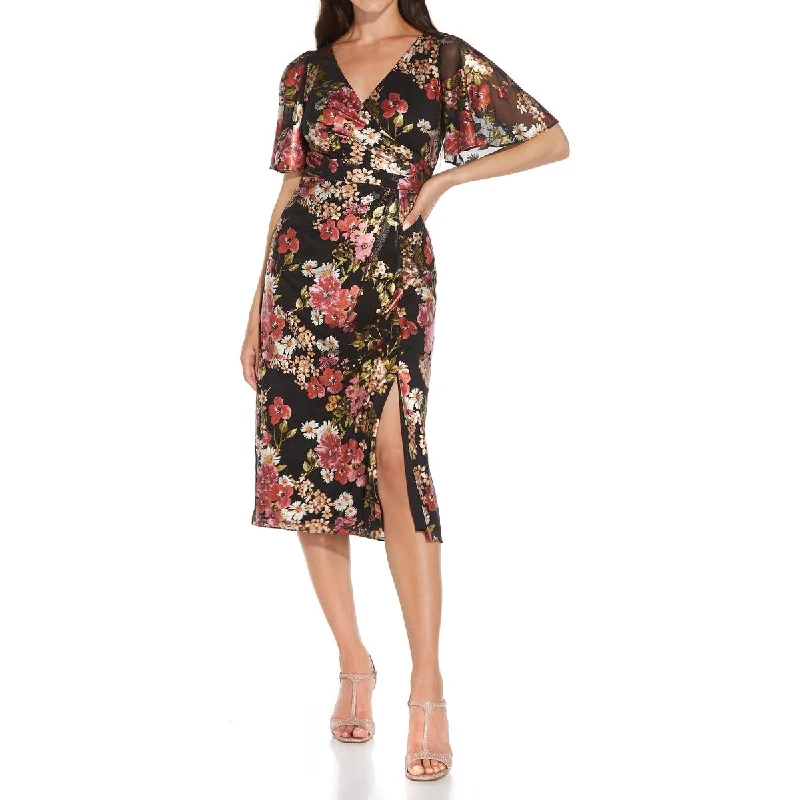 Adrianna Papell Womens Petites Foiled Midi Cocktail and Party Dress