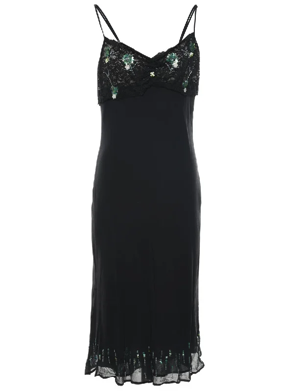 Black Embellished 1990s Evening Dress - L