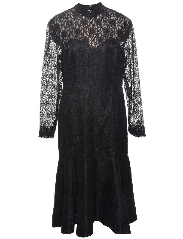 Black Sheer Lace Evening Dress - L