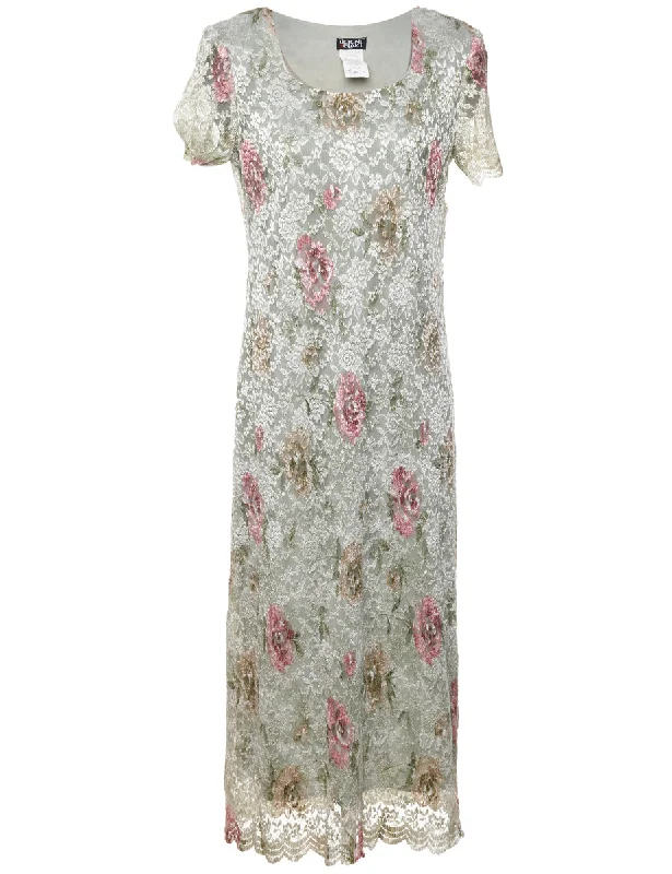 Light Green & Pale Pink Pastel Floral Lace Evening Dress - M