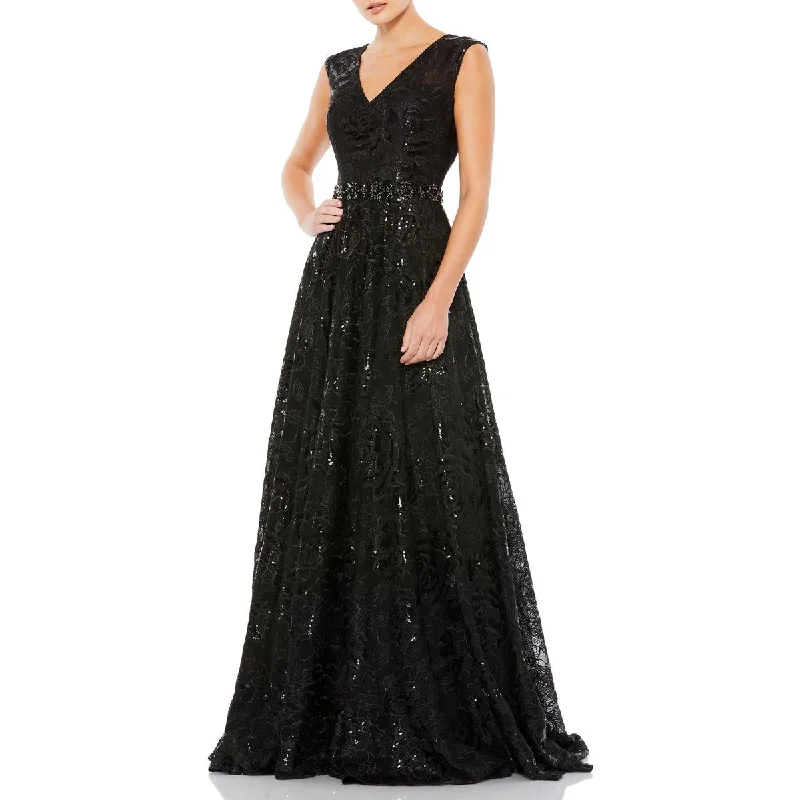 Mac Duggal Womens Embroidered Sequin Evening Dress