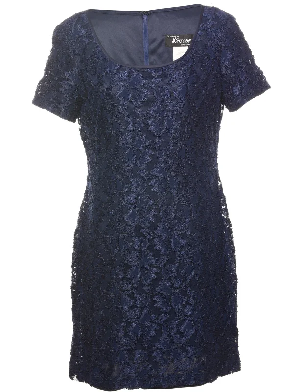 Navy Floral Lace 1980s Evening Dress  - L