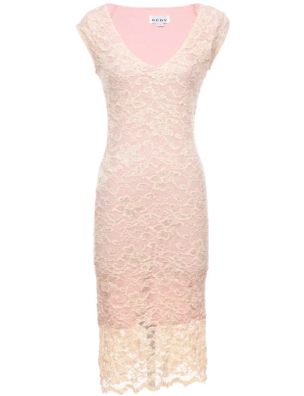 Peach Floral Lace Evening Dress - S