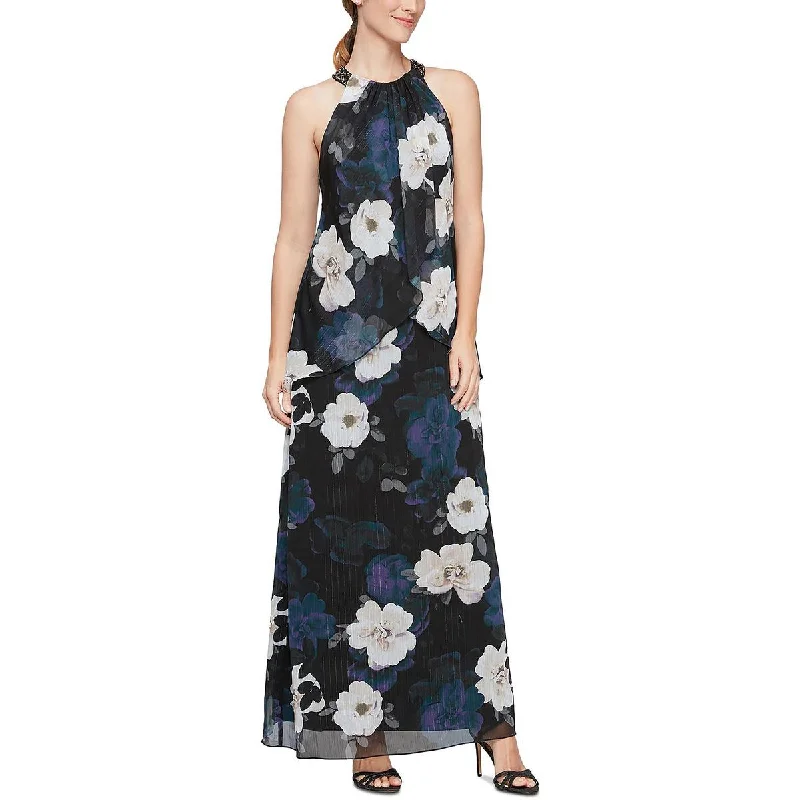 SLNY Womens Chiffon Floral Evening Dress