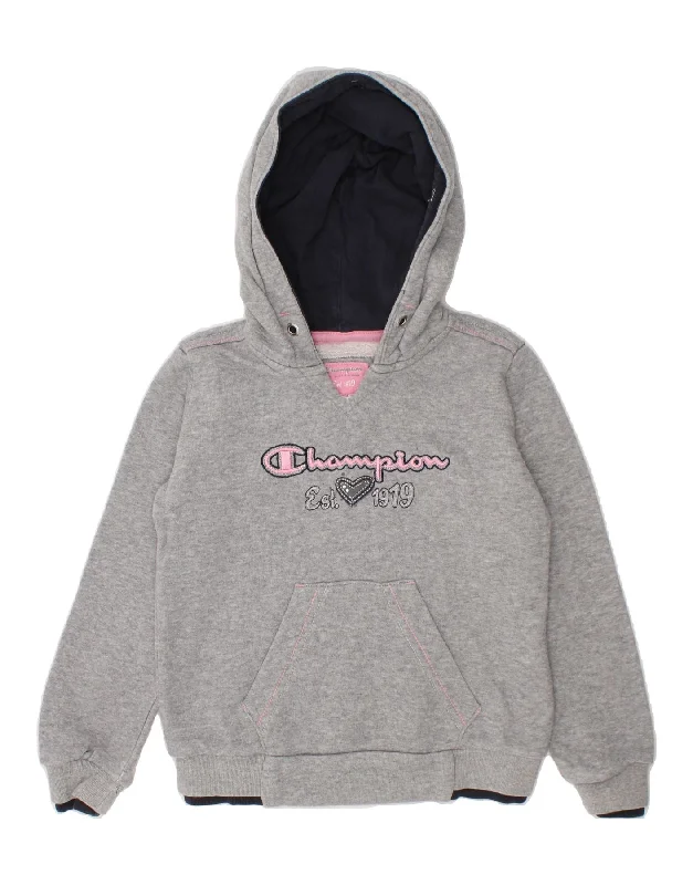 CHAMPION Girls Graphic Hoodie Jumper 3-4 Years 2XS Grey Cotton