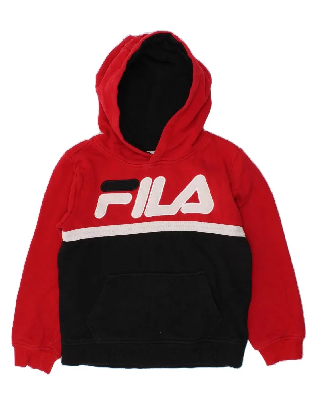 FILA Boys Graphic Hoodie Jumper 6-7 Years Red Colourblock Cotton