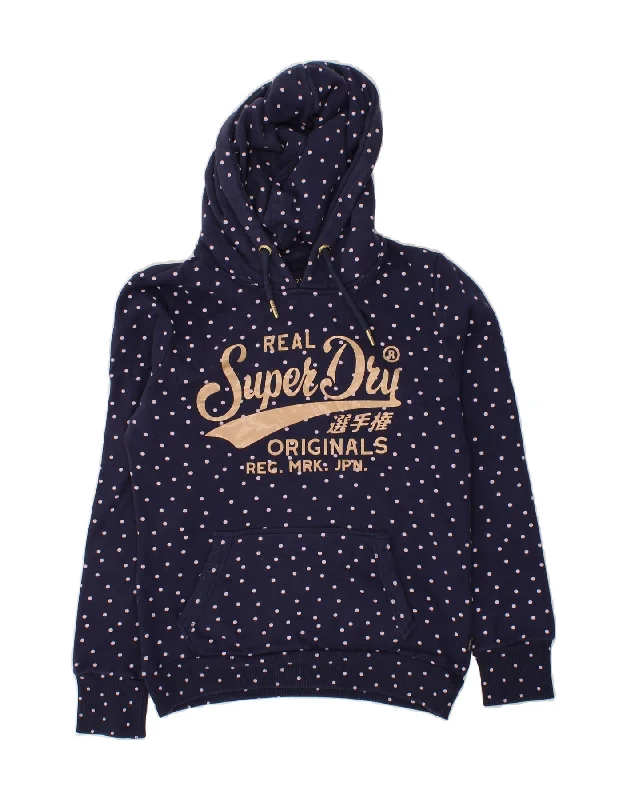 SUPERDRY Womens Graphic Hoodie Jumper UK 12 Medium Navy Blue Spotted