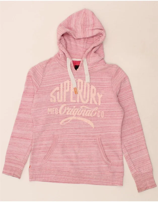 SUPERDRY Womens Graphic Hoodie Jumper UK 14 Medium Pink Striped Cotton