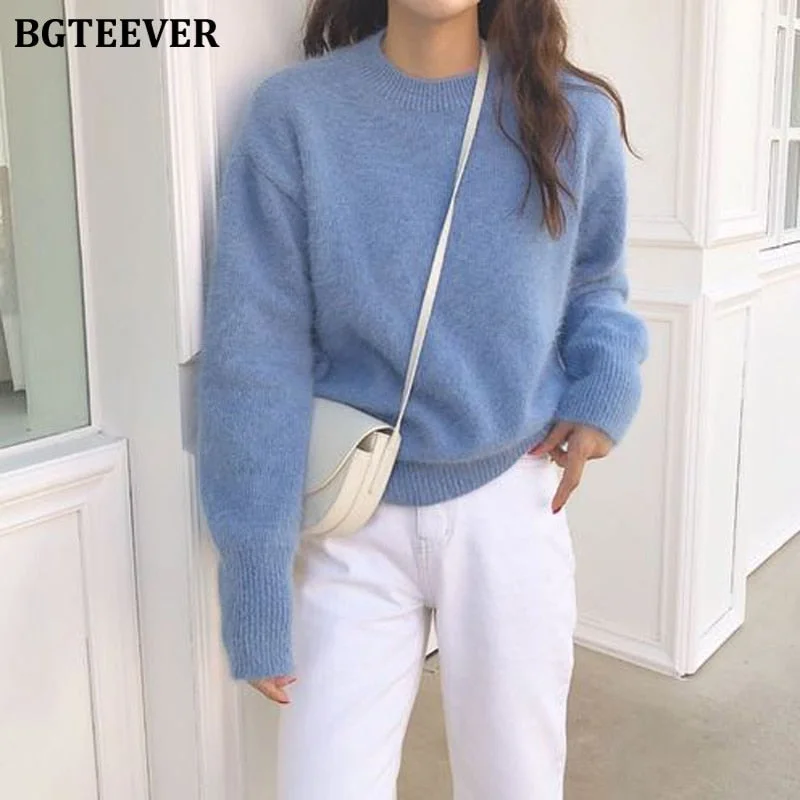 BGTEEVER 2020 Winter Casual All-match Warm O-neck Women Sweater Long-sleeved Female Knitted Jumpers Pullover Sweater Knit Tops